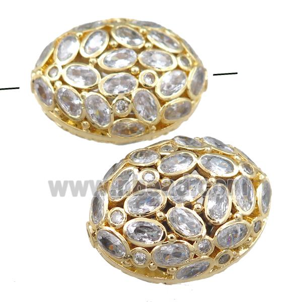 copper oval beads pave zircon, hollow, gold plated
