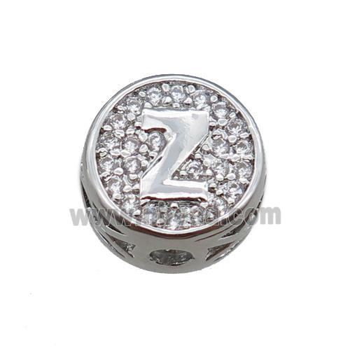 copper beads pave zircon, letter, platinum plated