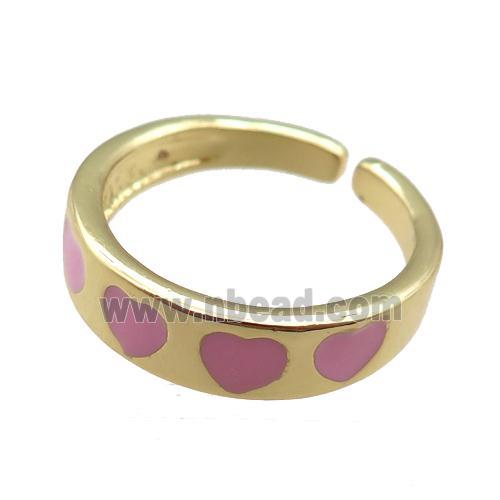 Copper Rings with pink enameling heart, gold plated