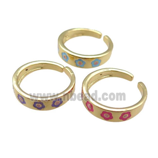 Copper Rings with enameling flower, mixed, adjustable, gold plated
