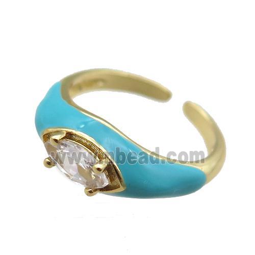 teal Enameling Copper Ring pave zircon, adjustable, gold plated