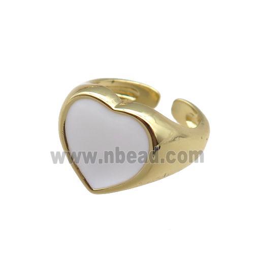 Copper Rings with white enameled heart, adjustable, gold plated