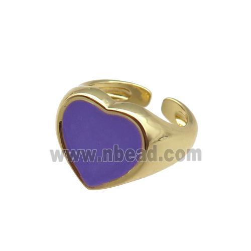 Copper Rings with purple enameled heart, adjustable, gold plated