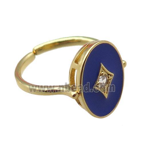 copper rings with blue enameled, adjustable, gold plated