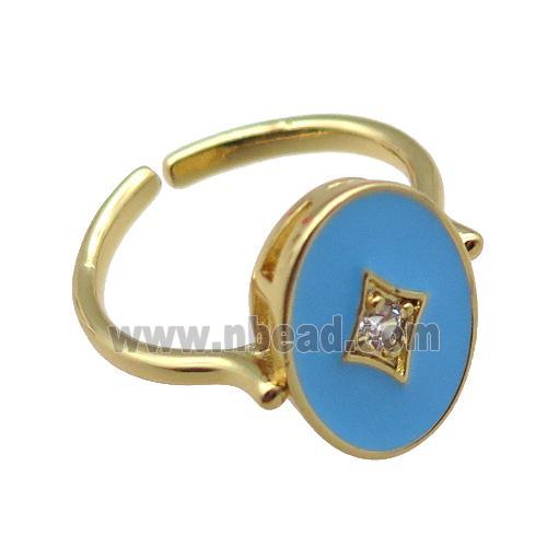 copper rings with blue enameled, adjustable, gold plated