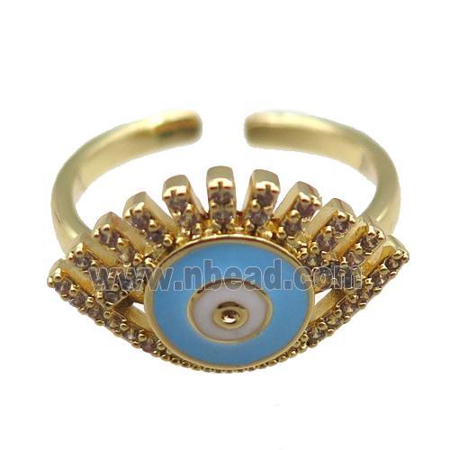 copper rings with blue enameled evil eye, adjustable, gold plated