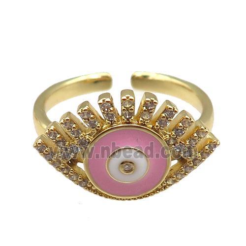 copper rings with pink enameled evil eye, adjustable, gold plated