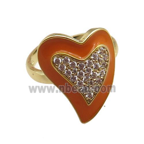 copper rings with orange enameled heart, adjustable, gold plated