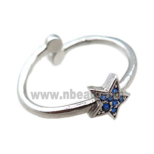 adjustable copper ring with star pave blue zircon, platinum plated