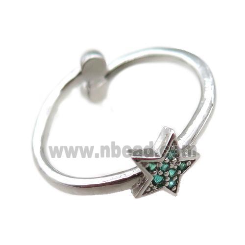 adjustable copper ring with star pave green zircon, platinum plated