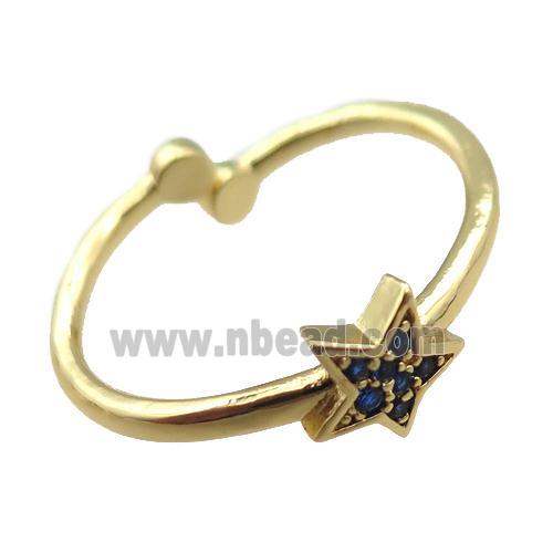 adjustable copper ring with star pave blue zircon, gold plated