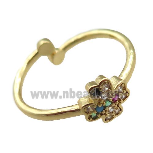 adjustable copper ring with clover pave zircon, gold plated