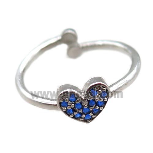 adjustable copper ring with heart pave blue zircon, platinum plated