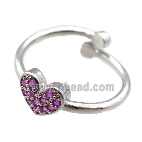 adjustable copper ring with heart pave hotpink zircon, platinum plated
