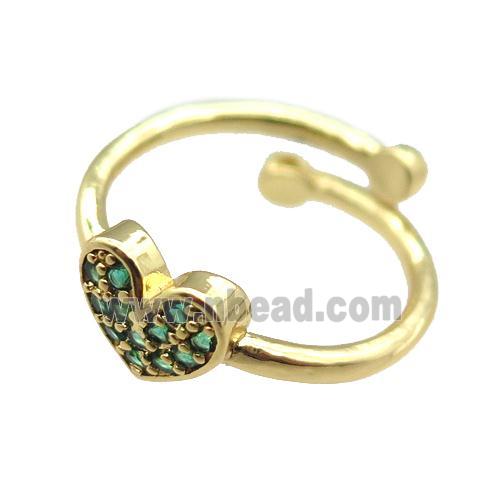 adjustable copper ring with heart pave green zircon, gold plated