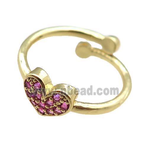 adjustable copper ring with heart pave hotpink zircon, gold plated