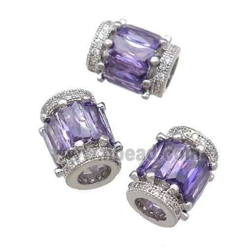 copper tube beads pave purple zircon, platinum plated