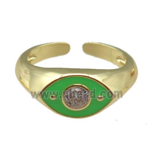 adjustable copper Rings with green enamel eye, gold plated