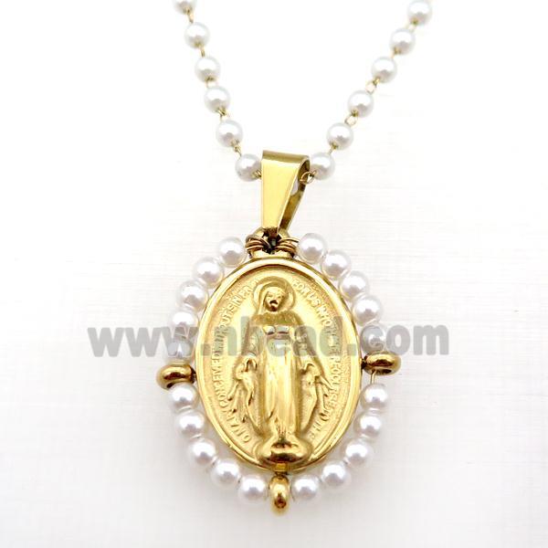 Stainless Steel Jesus Necklace White Pearlized Glass Gold Plated