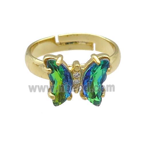 green Crystal Glass Butterfly Rings, gold plated