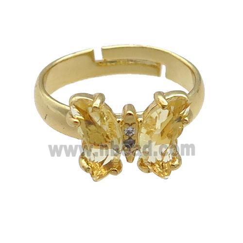 champagne Crystal Glass Butterfly Rings, gold plated