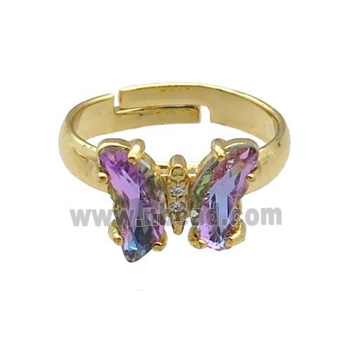 purple Crystal Glass Butterfly Rings, gold plated