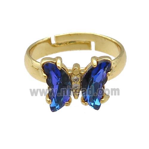 blue Crystal Glass Butterfly Rings, gold plated
