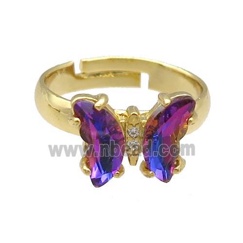 multicolor Crystal Glass Butterfly Rings, gold plated