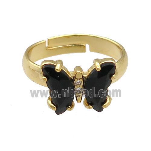 black Crystal Glass Butterfly Rings, gold plated