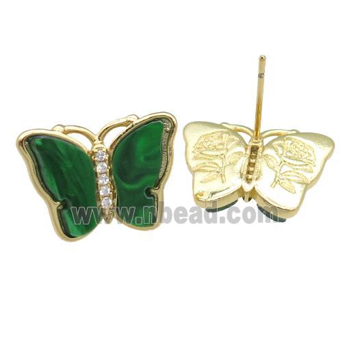green Resin Butterfly Stud Earrings, gold plated
