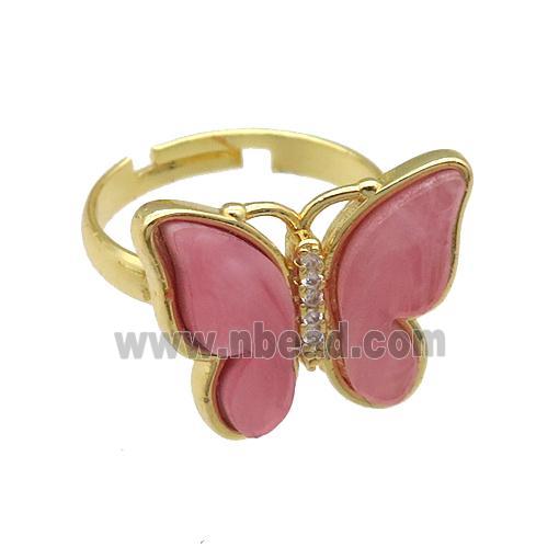 pink Resin Butterfly Rings, adjustable, gold plated