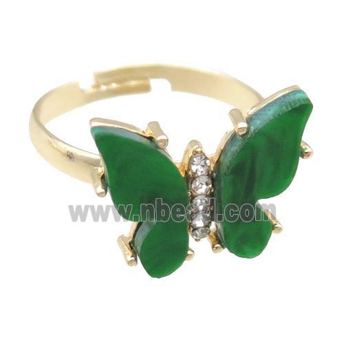 green Resin Butterfly Rings, adjustable, gold plated