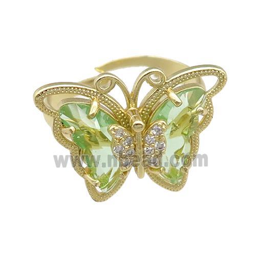 lt.green Crystal Glass Butterfly Rings, adjustable, gold plated