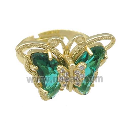 peacockgreen Crystal Glass Butterfly Rings, adjustable, gold plated