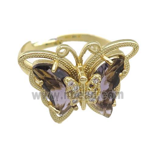 purple Crystal Glass Butterfly Rings, adjustable, gold plated