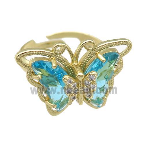 teal Crystal Glass Butterfly Rings, adjustable, gold plated