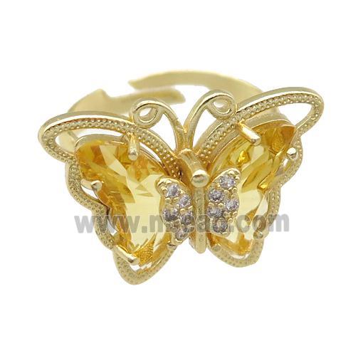 golden Crystal Glass Butterfly Rings, adjustable, gold plated