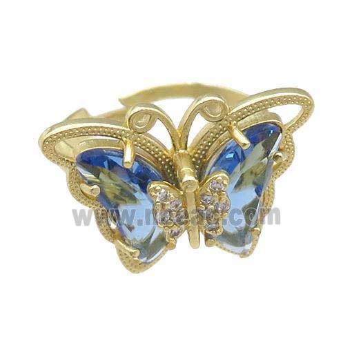 blue Crystal Glass Butterfly Rings, adjustable, gold plated