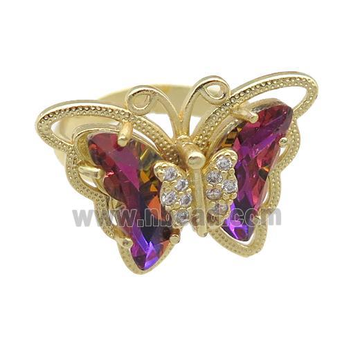 mauve Crystal Glass Butterfly Rings, adjustable, gold plated