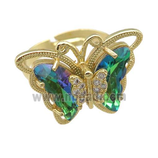 green Crystal Glass Butterfly Rings, adjustable, gold plated