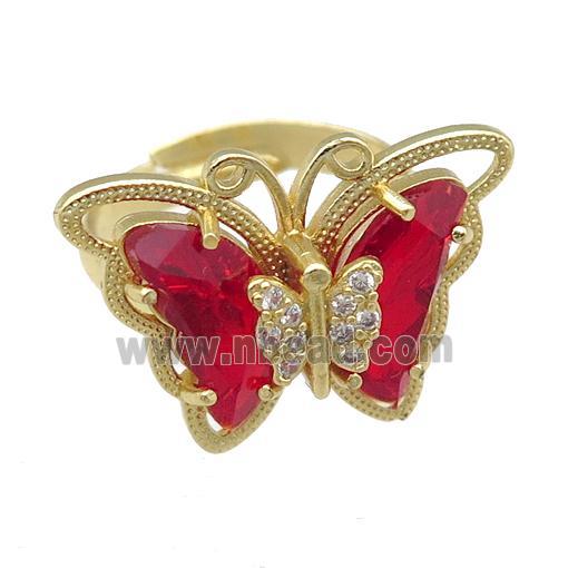 red Crystal Glass Butterfly Rings, adjustable, gold plated