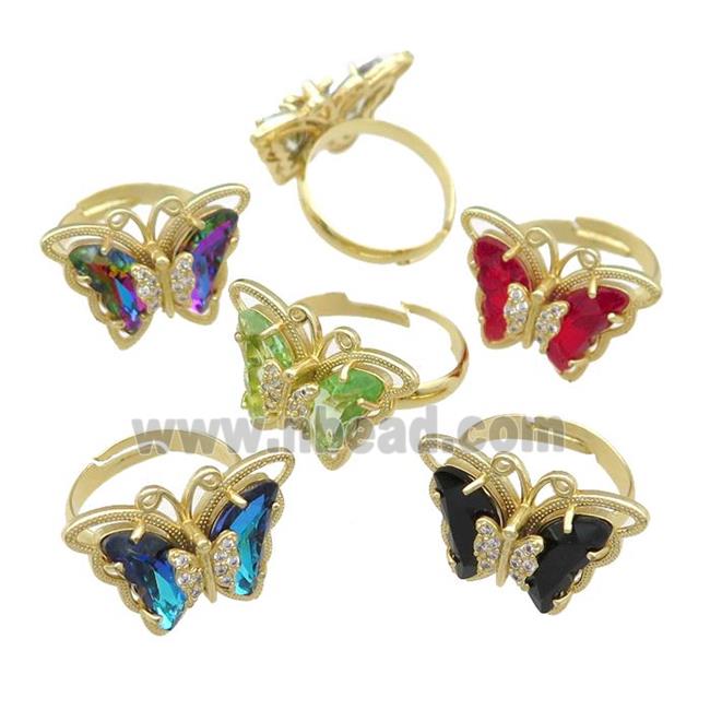 mixed Crystal Glass Butterfly Rings pave zircon, adjustable, gold plated
