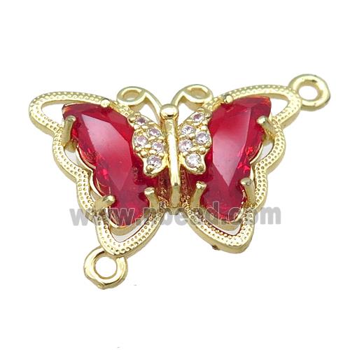 red Crystal Glass Butterfly Connector, gold plated