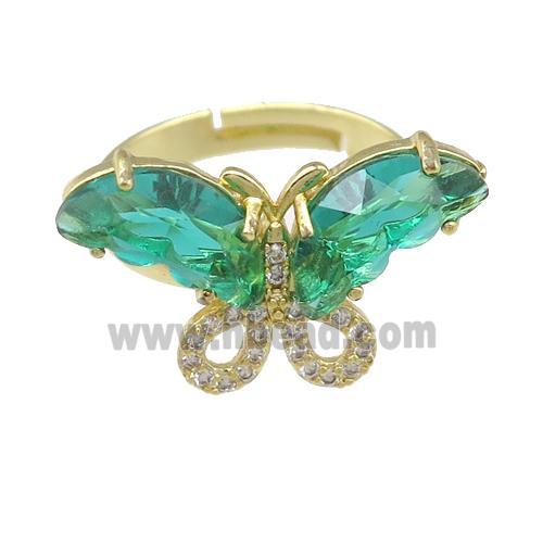green Crystal Glass Butterfly Rings, adjustable, gold plated