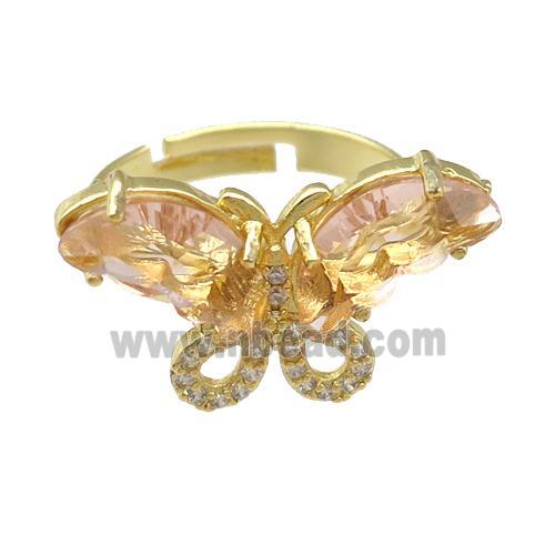 peach Crystal Glass Butterfly Rings, adjustable, gold plated