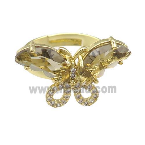 smoky Crystal Glass Butterfly Rings, adjustable, gold plated