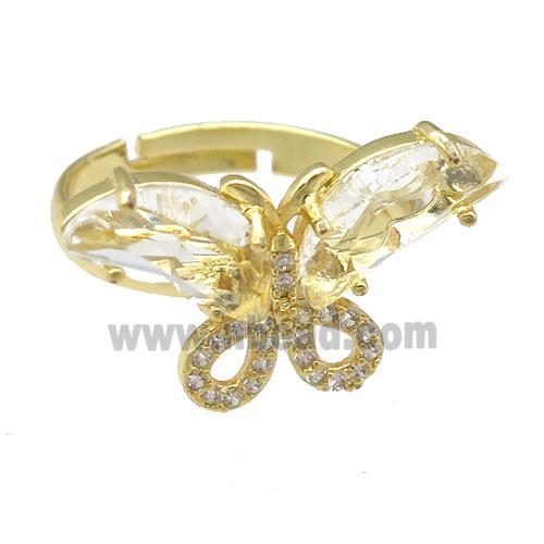 clear Crystal Glass Butterfly Rings, adjustable, gold plated
