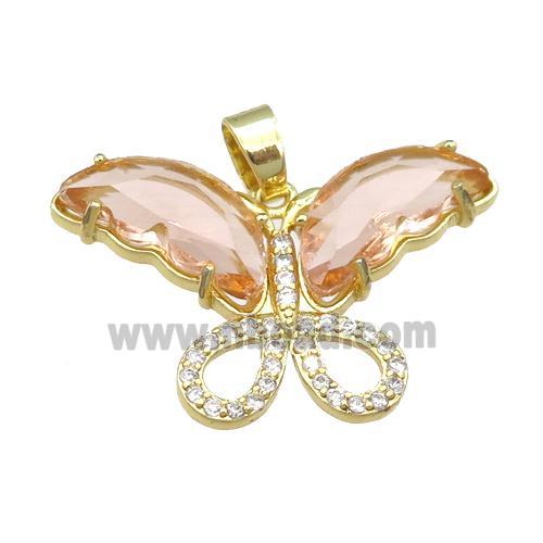 peach Crystal Glass Butterfly Pendant, gold plated