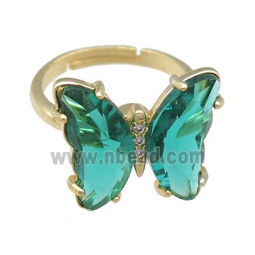 peacockgreen Crystal Glass Butterfly Spinner Rings, adjustable, gold plated