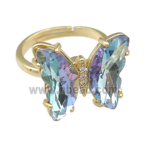 lt.blue Crystal Glass Butterfly Spinner Rings, adjustable, gold plated